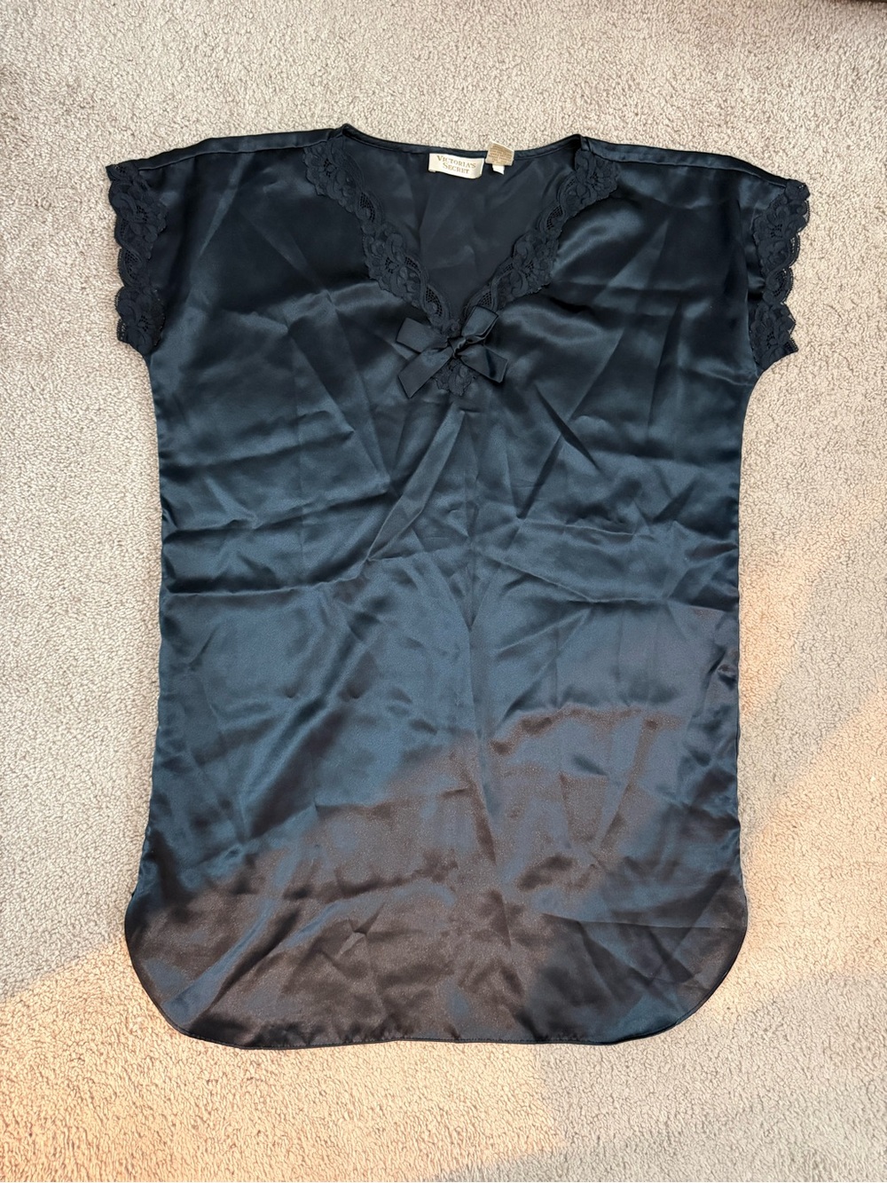 Vintage Gold Tag Victoria Secret Black Satin Lace-Trim Nightie
